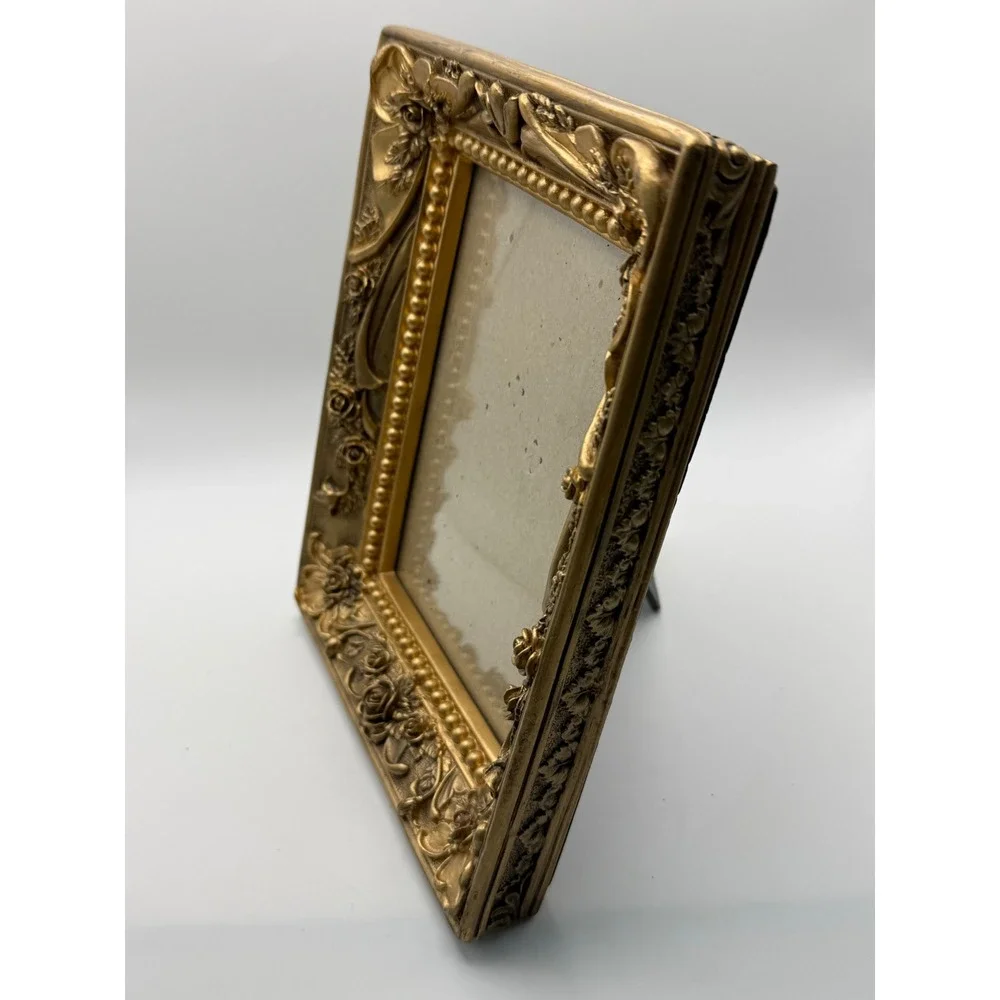 Vintage Ornate Heavy Resin Gold Rose Floral Picture Frame Tabletop Decor Baroque